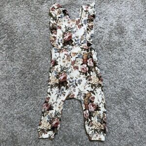 Posh Peanut Girls Romper 12-18M Cream Floral Ruffle Shoulder Jumpsuit Overalls